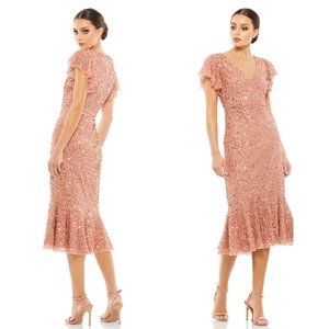 Mac Duggal | SEQUINED V NECK FLUTTER CAP SLEEVE TRUMPET DRESS
